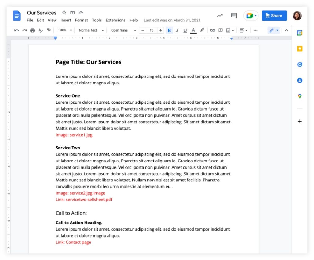 Google Doc titled Our Services featuring section headings, sample text, and links to images and a PDF file.