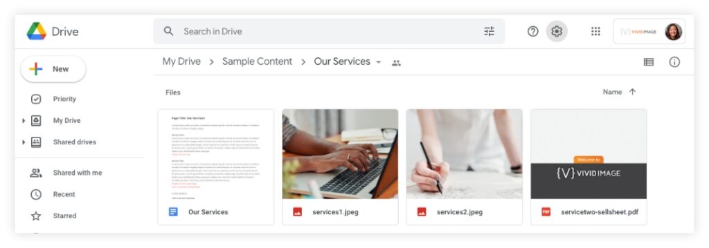 Google Drive folder "Our Services" open in grid view showing a doc file, two images, and a PDF.