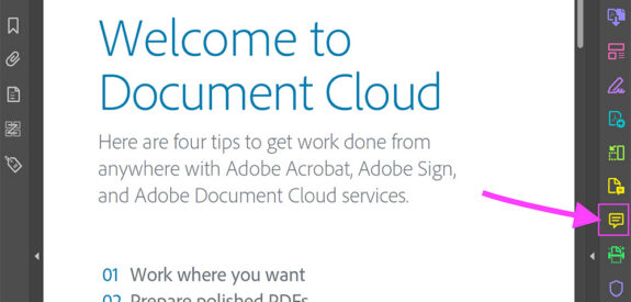 Adobe Acrobat screenshot showing "Welcome to Document Cloud" and a pink arrow highlighting the comment icon.