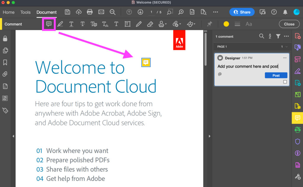PDF editor showing an arrow to the comment icon, with a comment box displayed on the right side of the screen.