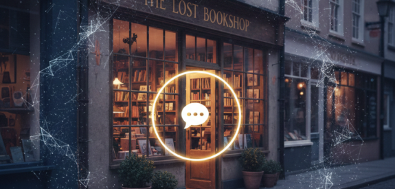 Cozy dusk bookshop with a glowing chat icon overlay, surrounded by digital network effects.