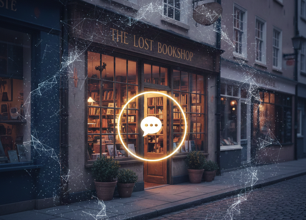 Cozy dusk bookshop with a glowing chat icon overlay, surrounded by digital network effects.