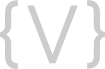 Gray capital V centered between two large gray curly brackets on a light background.